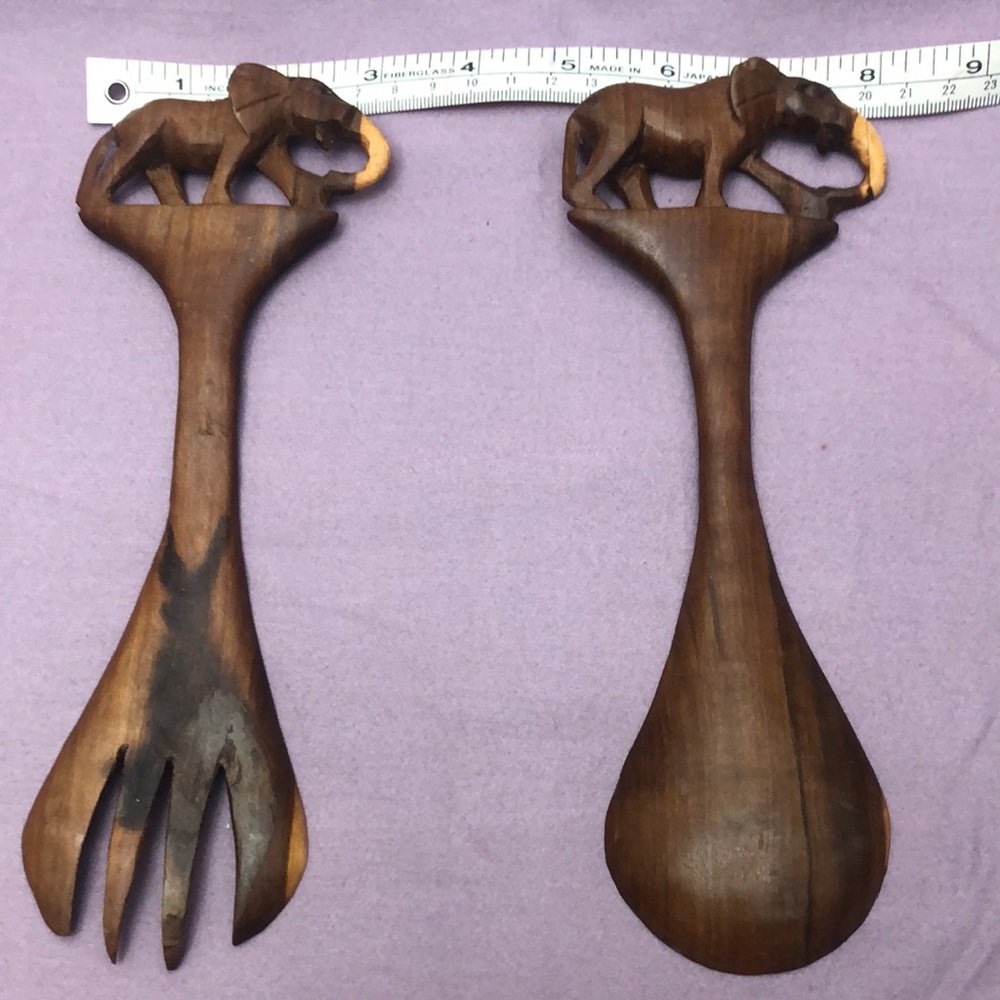 SOLD- Hand-carved Elephant Salad Spoon/Fork Set
